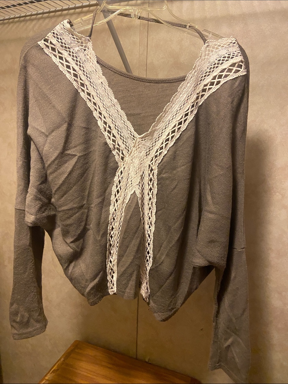 Source Unknown Gray Dolman Sweatshirt with Cream Crochet V-Back